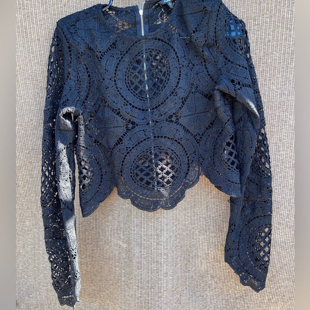 papaya Black Lace Zip Back Long Sleeve Crop Top Womens sz L